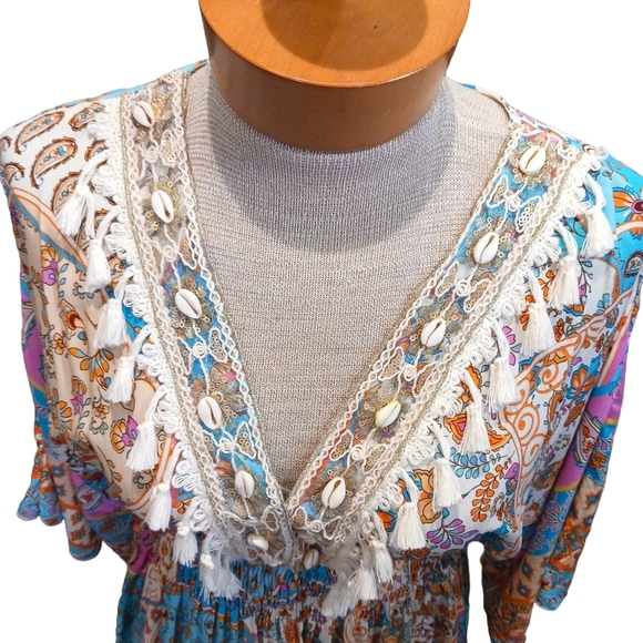 Small/ Medium Maxi Womens Dress Shell Boho Fringed Orange Pink Vacation SUMMER - Picture 3 of 8